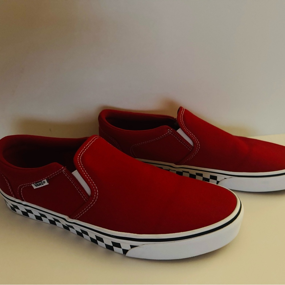 Vans Red Slip-On Loafers with Checkerboard Midsole